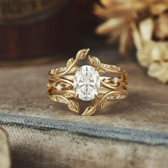 Sparkel Jewels Oval Cut Cubic Zirconia Women's Nature Theme Bridal Wedding Ring Set 14K Yellow Gold Finish