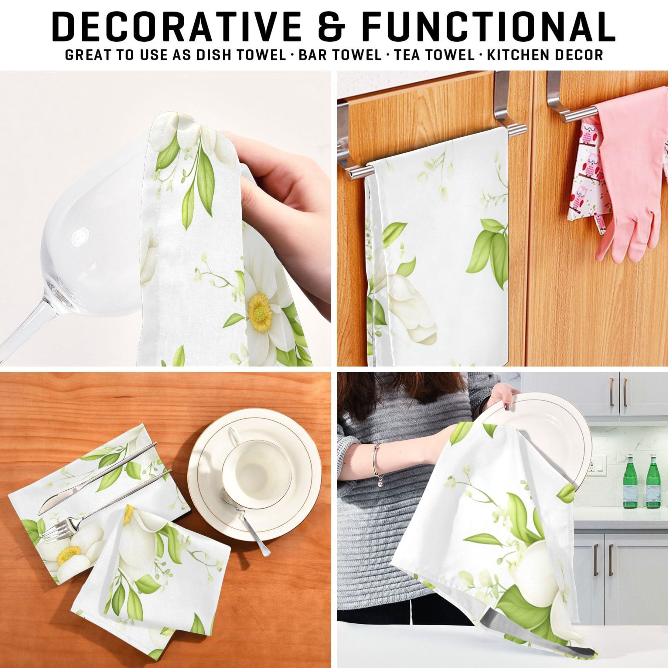Magnolia Blooms Pattern Kitchen Towels 6-Piece Pack Tea Towels for Kitchen Decorative Waffle Design 28x18in