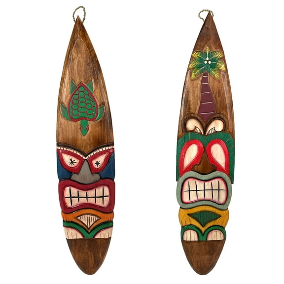 Chesapeake Bay Ltd Set of 2 Tiki Surfboard Wall Decor 39" Sea Turtle Palm Tree Hand-Carved Art