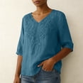 thumbnail image 7 of Womens Tops Cotton Linen Elbow Length Sleeve Tshirts for Women V Neck Pullover Solid Color Summer Fall Tees, 7 of 7
