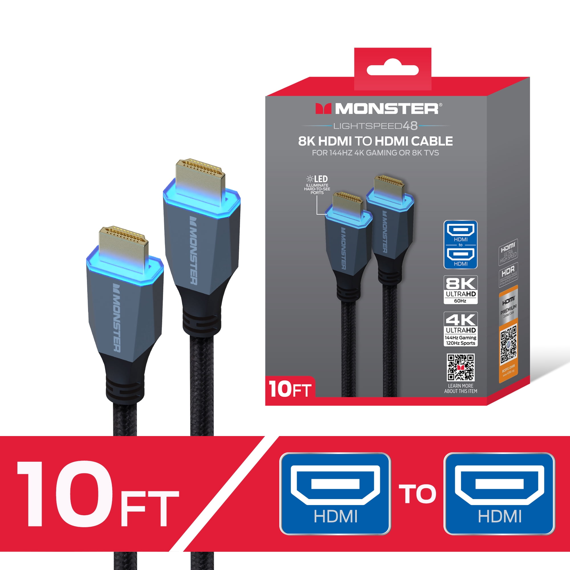 Monster 8K HDMI Cable 10 ft, Ultra High Speed HDMI 2.1 Cord with LED Illuminated Connectors, 48Gbps, 8K 60Hz & 4K 144Hz Gaming, HDR, Compatible with PS5, Xbox Series X, TVs, Monitors