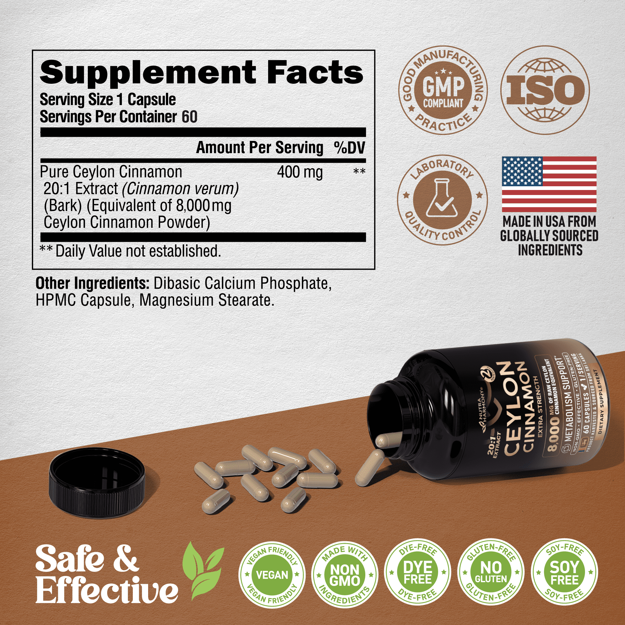 Ceylon Cinnamon Capsules - Extra Strength - Energy Heart & Metabolism Support for Men & Women - Pure Natural Cinnamon 20:1 Extract Supplement - GMO & Gluten Free - Made in USA - 60 Capsules 2 Month