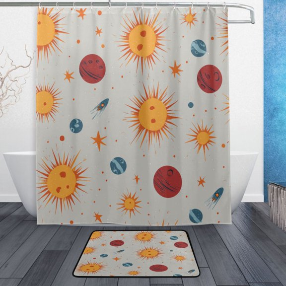 TTYFWHD 60" x 72" Shower Curtain and Bath Mat Set Sun and Rocket Pattern Waterproof Bathroom Curtain with 12 Hooks, Bathroom Decor Set