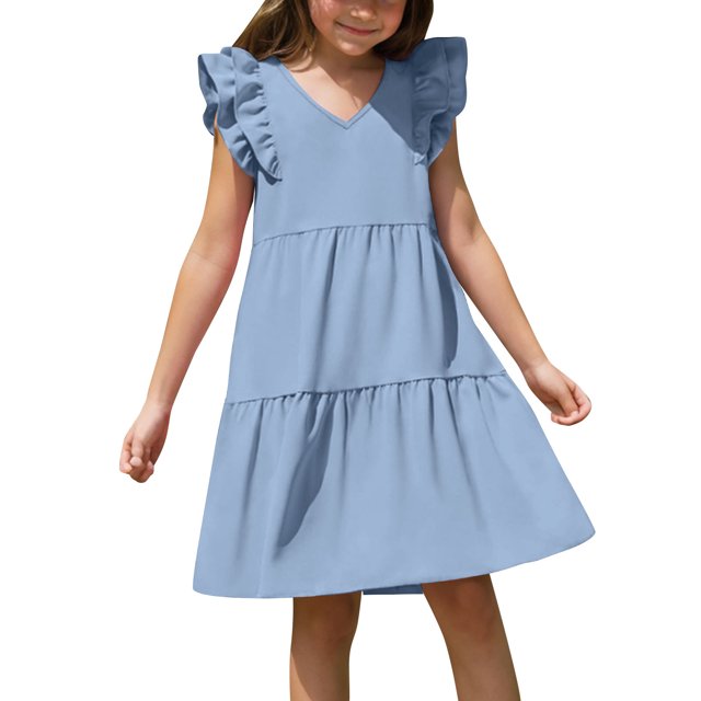 FAIWAD Robes d'Été pour Filles Mignonnes à Double Couche avec Manches à Volants Robe Trapèze Mini Robe d'Été Fluide à Étages pour Enfants Filles 4-14 Ans