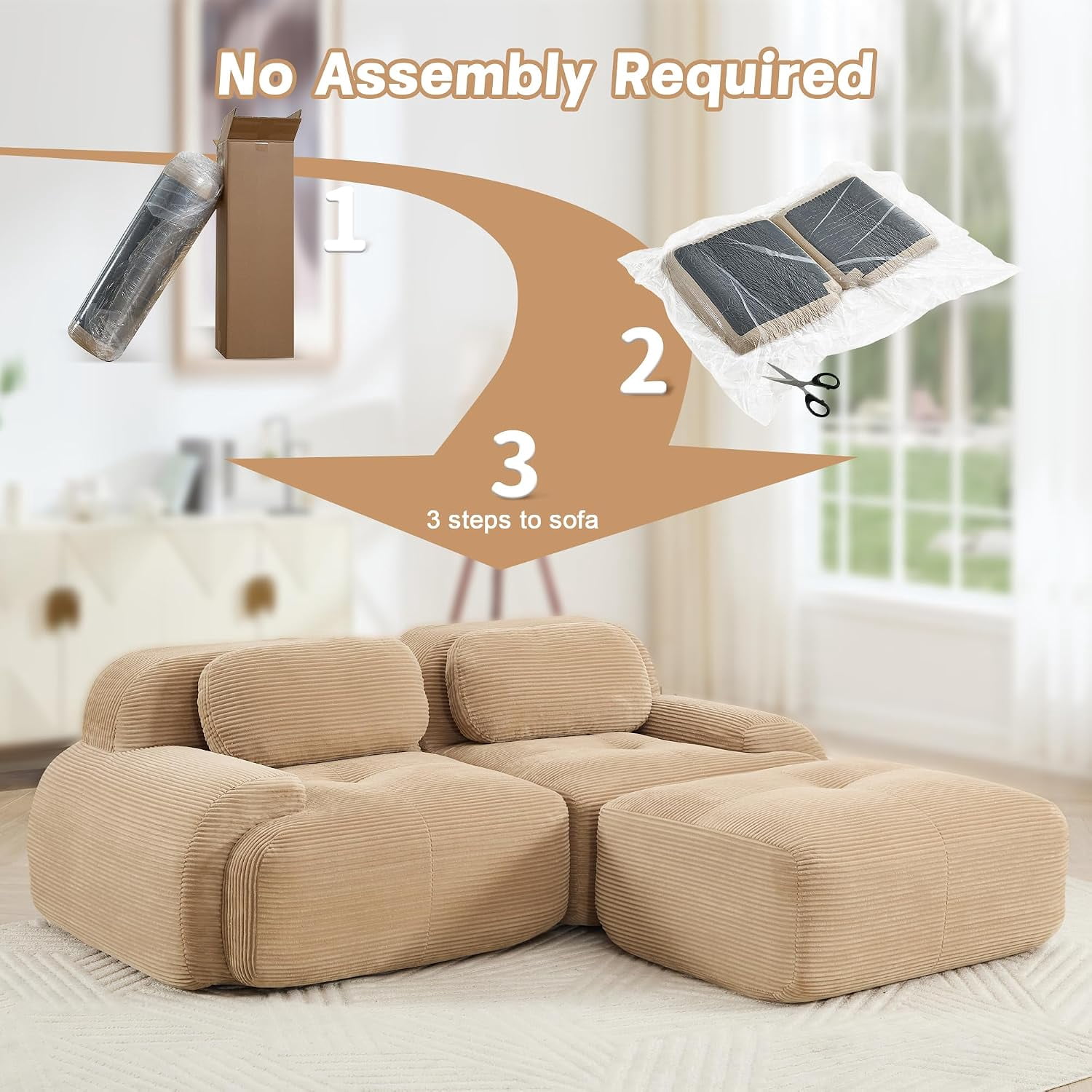 Howcool 80" Modern Corduroy Boneless Love Seat Couches with 1 Ottoman,2 Seater Large Sectional Couches for Living Room,Cloud Modular Sectional Sofa,Memory Foam, Extra Deep Loveseat,No Assembly,Camel