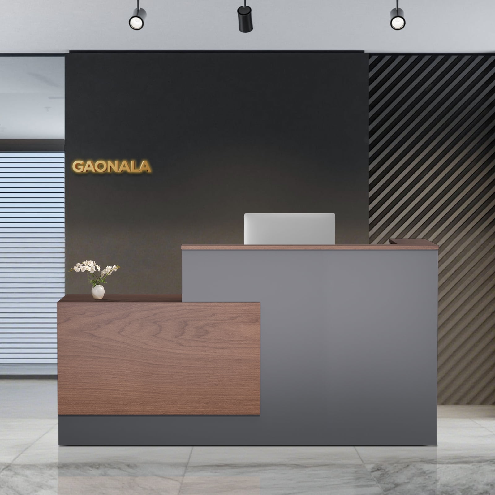 Vakiorn L Shaped Modern Wooden Commercial Reception Desk 71 inch with Counter Shelves Storage Drawers for Office Home Brown Black Left