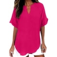 thumbnail image 3 of Womens Cotton Linen Tops Casual V Neck Blouse Loose Fit Short Sleeve Shirt Lightweight Summer Beach Vacation Clothes by Gbobgt Hot Pink L, 3 of 6