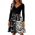 thumbnail image 5 of Women's Halloween Dress Castle 1950s Long Sleeve Retro Swing Dress Skeleton Printed V-Neck Cute Dresses with Belt 2XL, 5 of 7