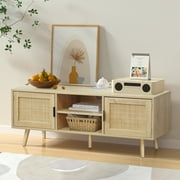Eumyviv Farmhouse TV Stands for 55 Inch TV,Wood Media Entertainment Center Cabinet Console Table with 2 Rattan Doors, Natural Oak, H0015