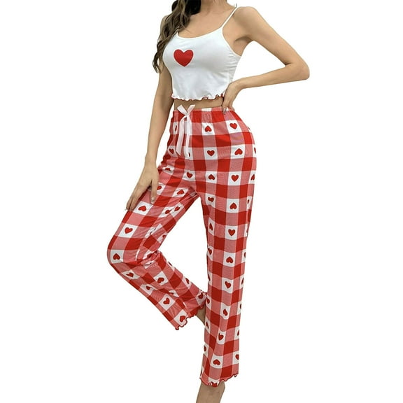Christmas pajamas "Women's Sexy Sleepwear Set Heart Checkered Long Pants And Top Loungewear"