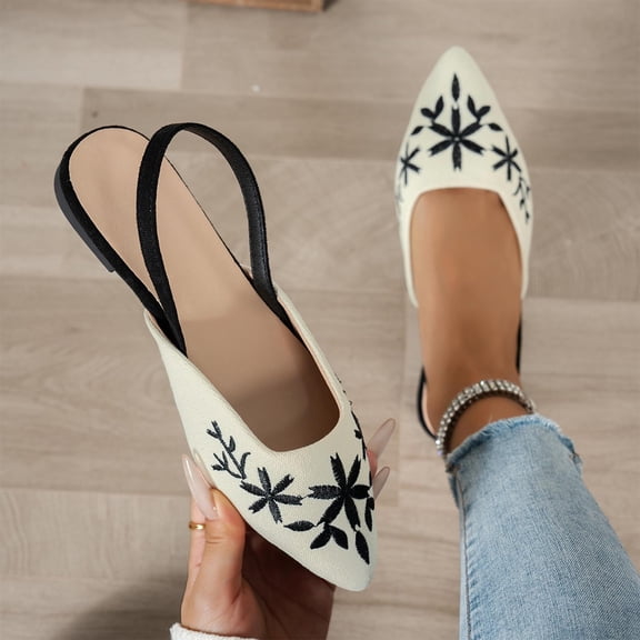 ZunFeo Womens Black Mule Flats Pointed Toe Slip On Embroidered Floral Slingback Design Comfy Casual Dressy Shoes US Sizes 5.5-9.5,Size 7