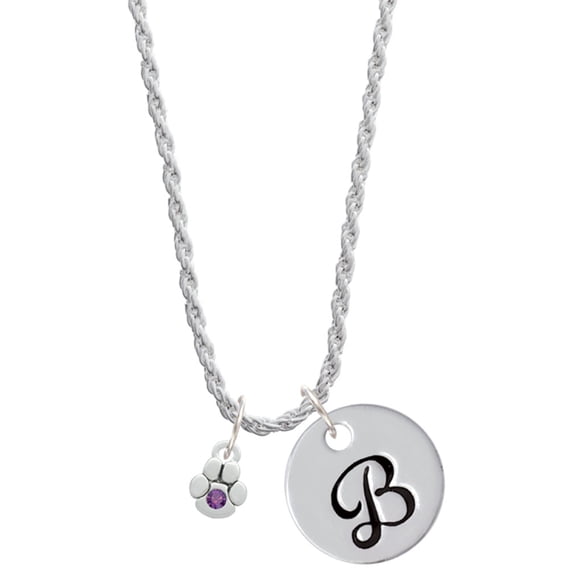 Delight Jewelry Silvertone Mini Paw with Purple Crystal Silvertone Script Initial Disc - B - Charm Necklace, 20"+3"