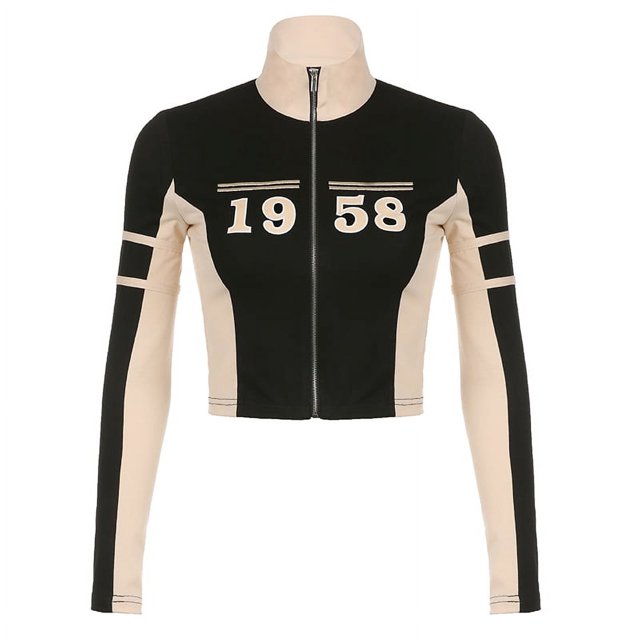 Camiseta de manga larga de punto con costuras contrastantes para mujer, estilo coreano, estilo gótico, con cuello alto y estampado de letras, color negro