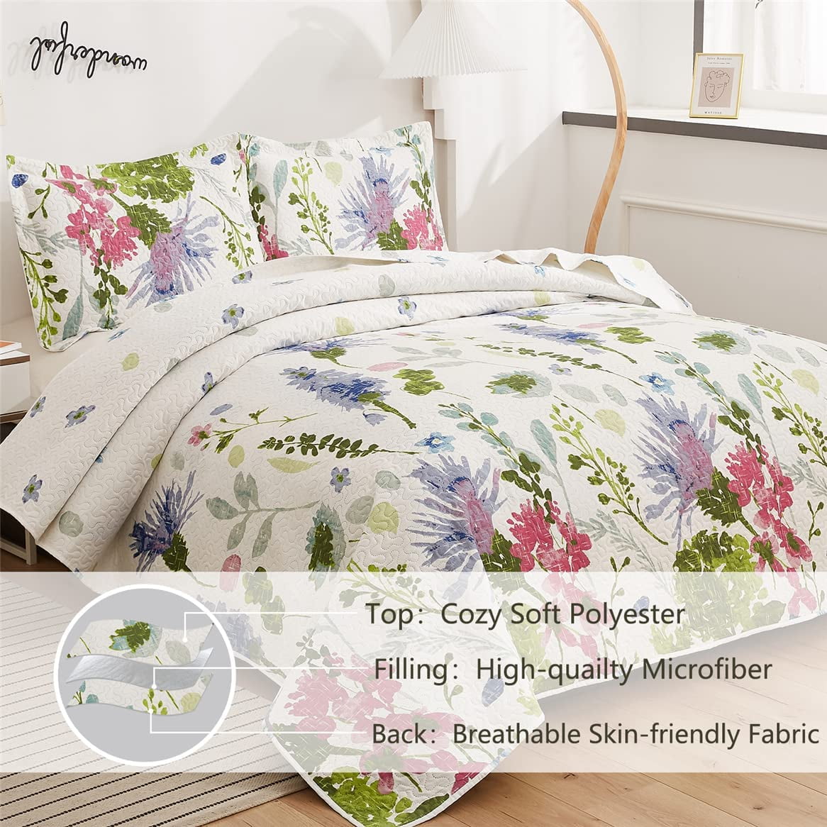 Green Essen 3 Pcs Purple Floral Quilt Sets, Soft Lightweight Microfiber Bedding Bedspreads Reversible Multicolor Flower Coverlet, 1 Quilt & 2 Pillow Shams(Twin Size）