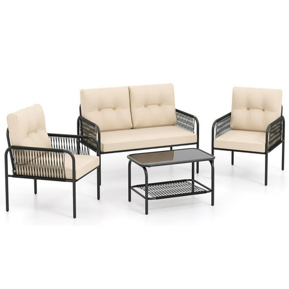Topcobe 4 Pieces Patio Furniture Set PE Rattan Sofa Chairs with Loveseat, Outdoor Furniture, Modern Furniture for Patio Backyard-Beige
