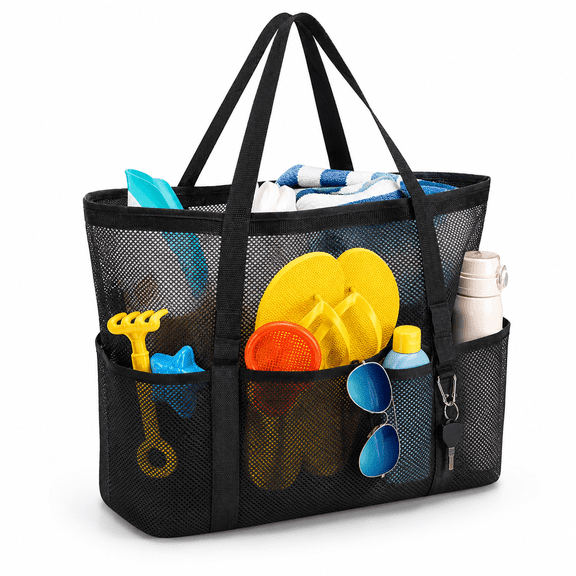 Mesh Beach Bag - 16.5x8.5x15 W/8 Pockets -Large Beach Tote Bag for Family,Foldable Beach Bag for Toys & Vacation Essential 16.5''L x 8.5''W x 15''H