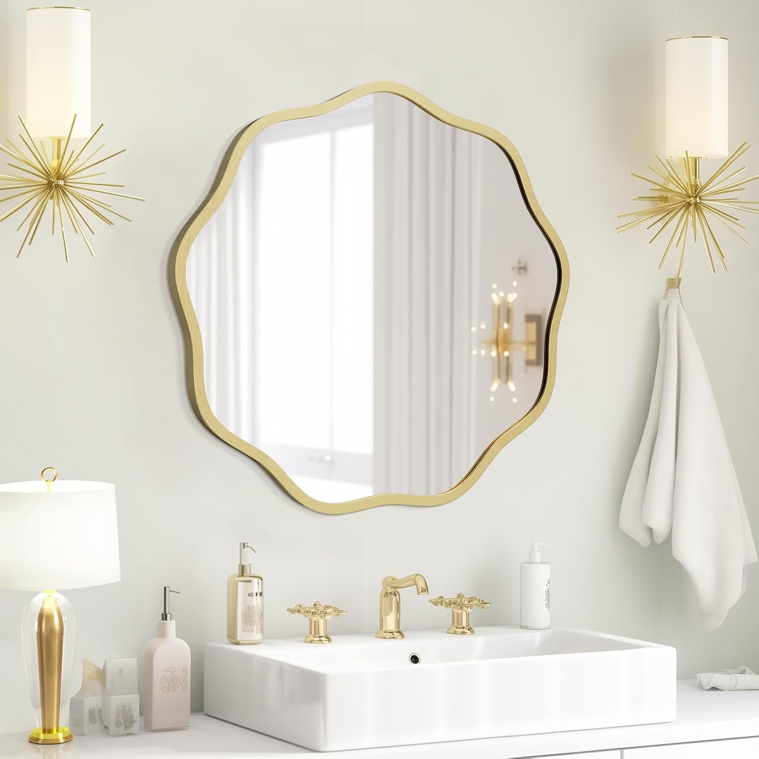 Round Wavy Mirror for Wall Decorative 20 inch Modern Round Mirror Aluminum Frame for Bathroom Bedroom Living Room Home House Office Entryway Gold