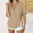 thumbnail image 2 of Kaemgyyd Womens Button down Shirts Rolled up Half Sleeve Cotton Linen Beach Vaction Tops Wrinkle Free Loose Fit Side Slit Blouse, 2 of 7