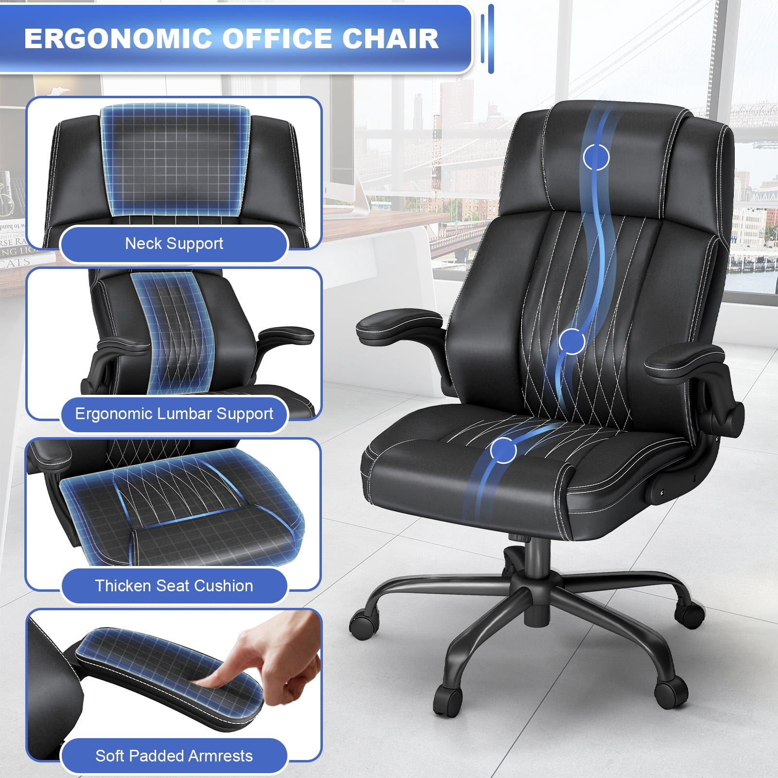 High-Back Executive Office Chair, Black PU Leather, Adjustable Armrests, Headrest & Lumbar Support, Ergonomic Swivel Boss Chair