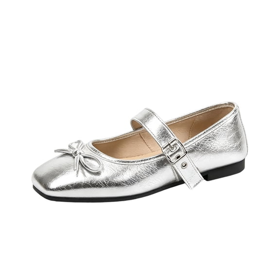 SuTry Women's Round Toe Mary Jane Flats Metallic Silver Bow Detail Adjustable Buckle Strap Comfortable Casual Walking Shoes(42)