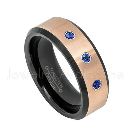 - 2-Tone Black & Rose Gold Tungsten Ring - 0.21ctw Blue Sapphire 3-stone Band - Personalized Tungsten Wedding Ring - Custom Made September Birthstone Ring TN619BS