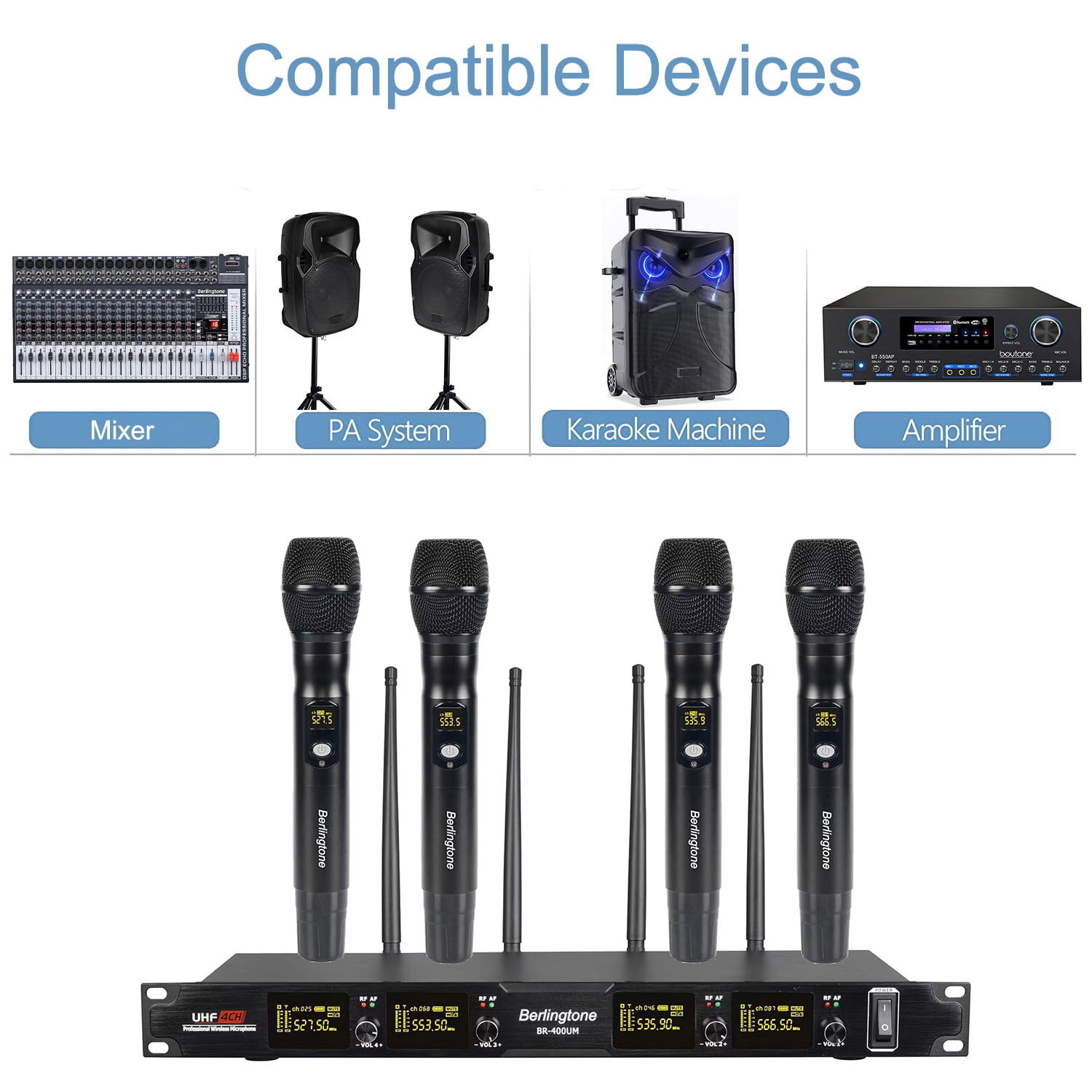 Berlingtone BR-400UM Professional 4-Channel UHF Wireless Handheld Dynamic Microphone Systems, Fixed Frequency Channel Metal Mic and receiver, Singing, Wedding, Church, DJ, karaoke, up to 260ft Range