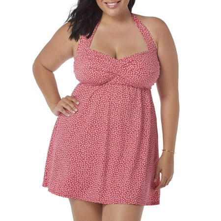 Women's Plus-Size Shirred Retro Glam Halter One-Piece Swimdress