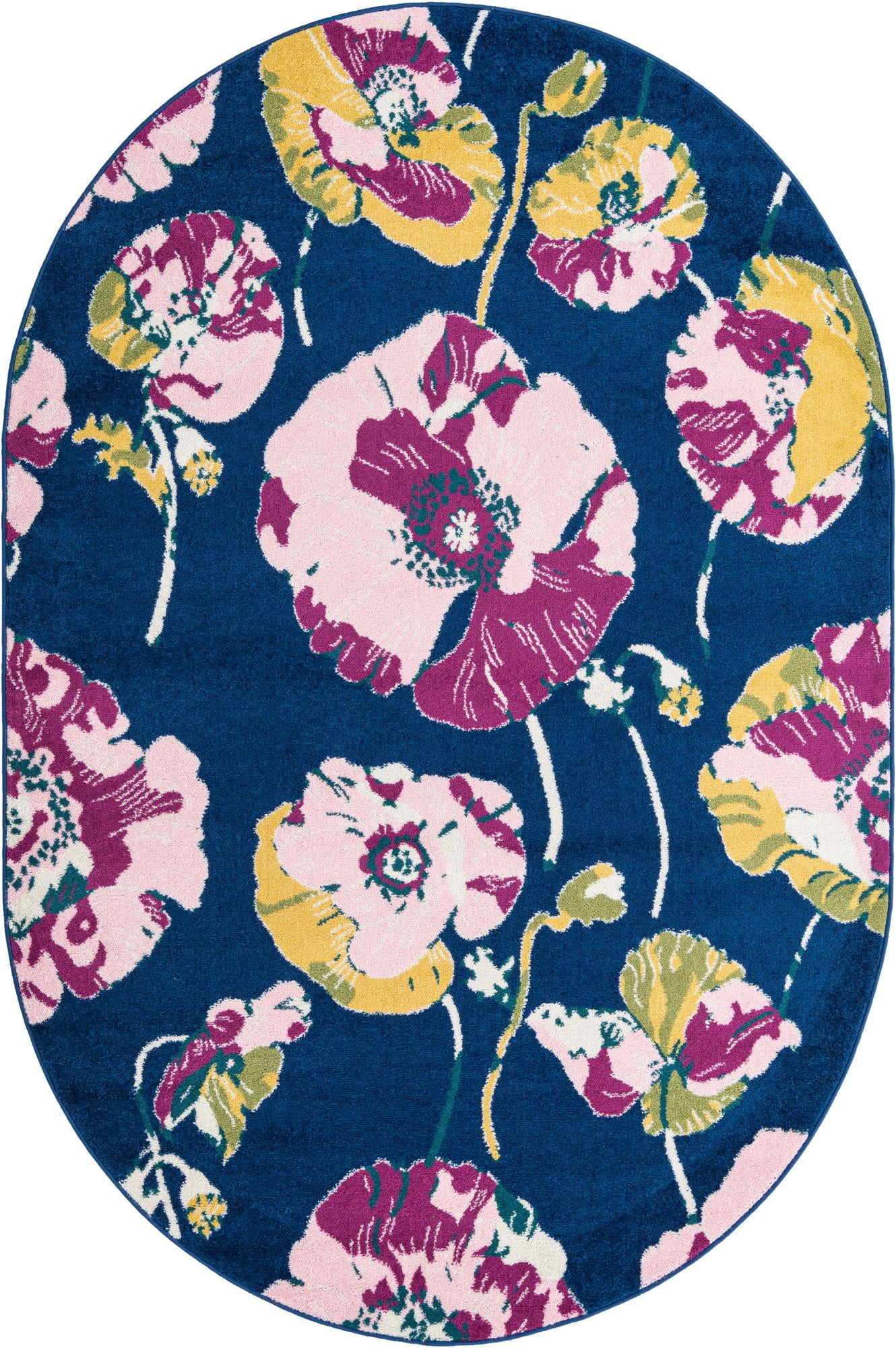 Bloom Collection Rug 6' x 9' Oval Navy Blue MediumPile Rug