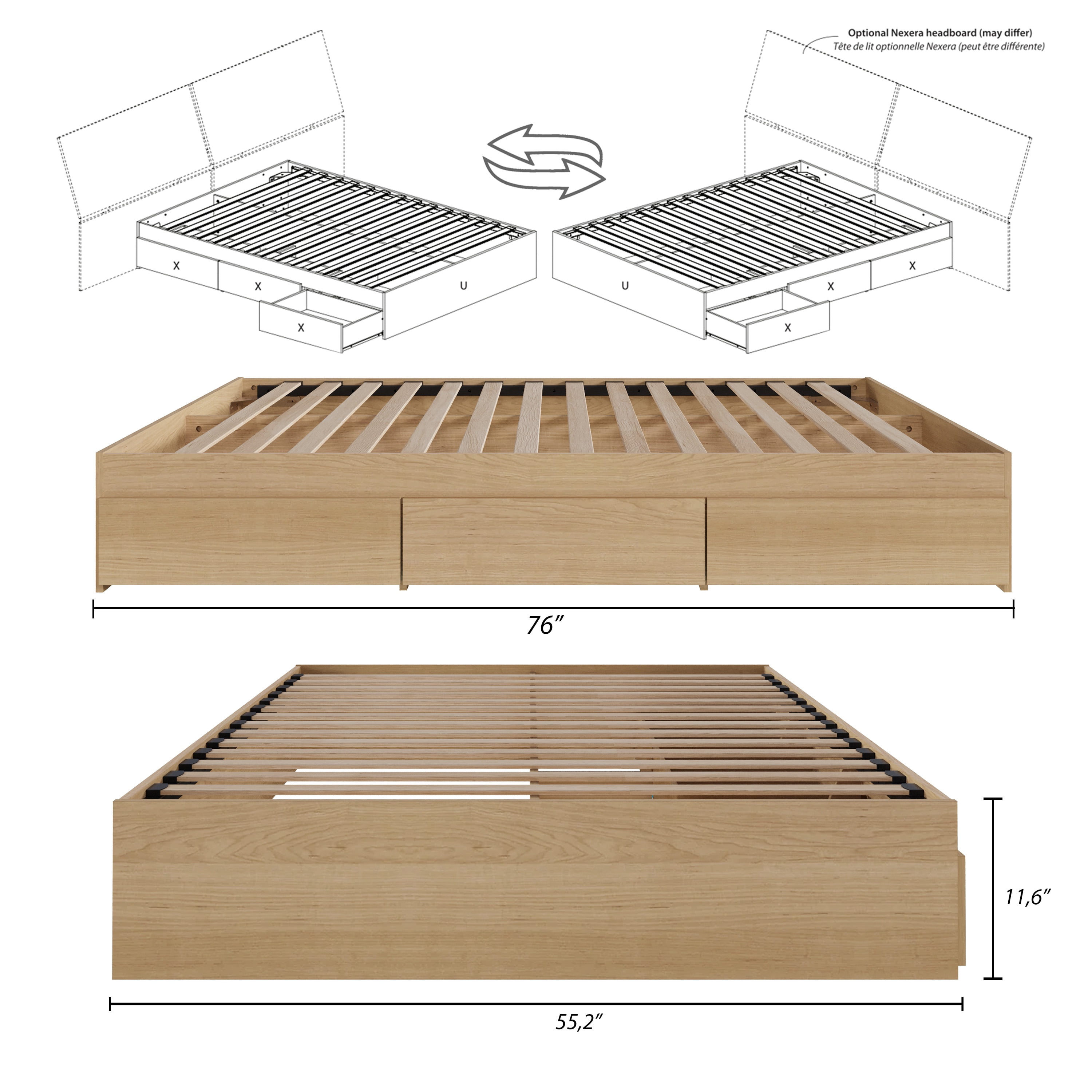 Nexera Full Size Storage Wood Bed Frame with 3 Drawers, Natural Maple
