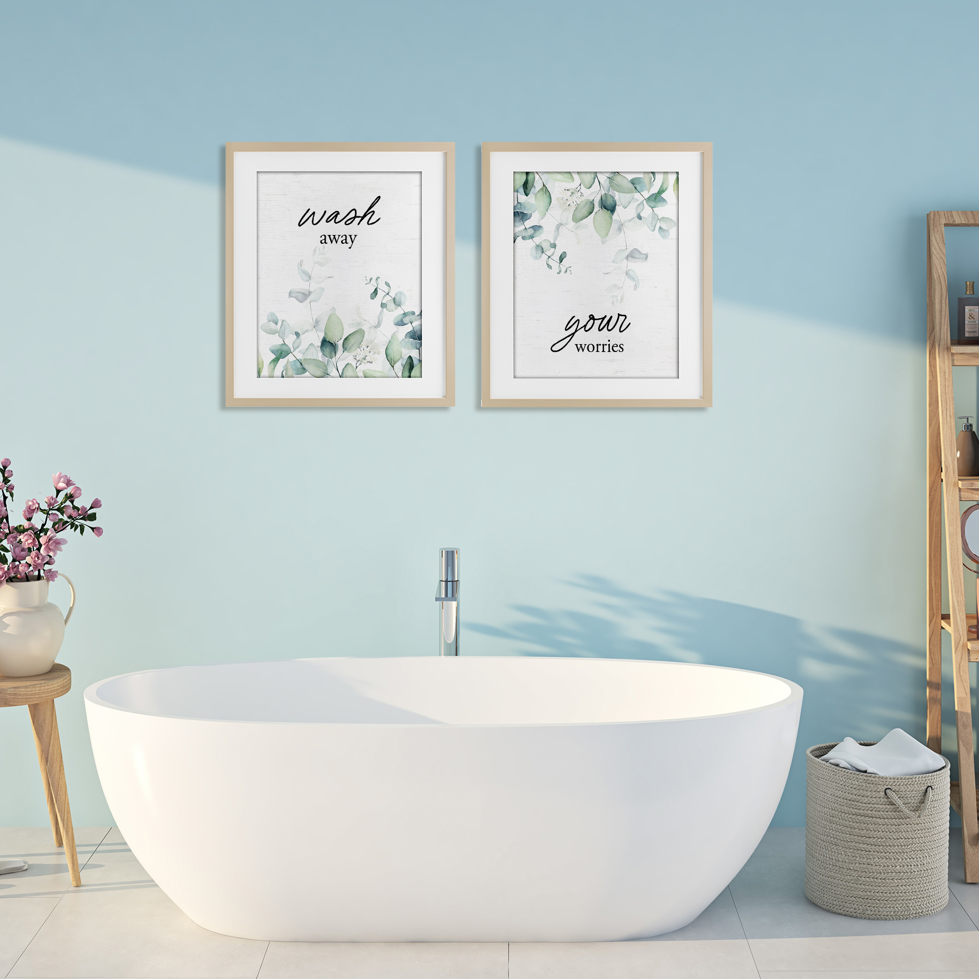 Wash Away Your Worries Leaves 2 Piece Birch Framed Print Under Glass Set, design by Lettered and Lined