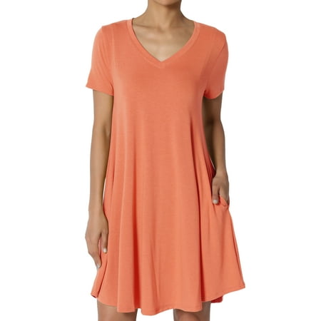 TheMogan Women's PLUS Short Sleeve V-Neck Draped Trapeze Pocket Short Tunic Dress