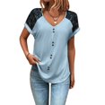 thumbnail image 1 of Camiseta casual de manga corta con empalme de encaje y botones en la parte superior con cuello en V para mujer para uso en verano Azul S, 1 of 5
