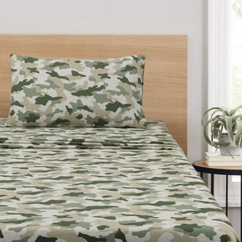 Mainstays Extra Soft Jersey Bed Sheet Set, Queen, Camo, 4 Pieces