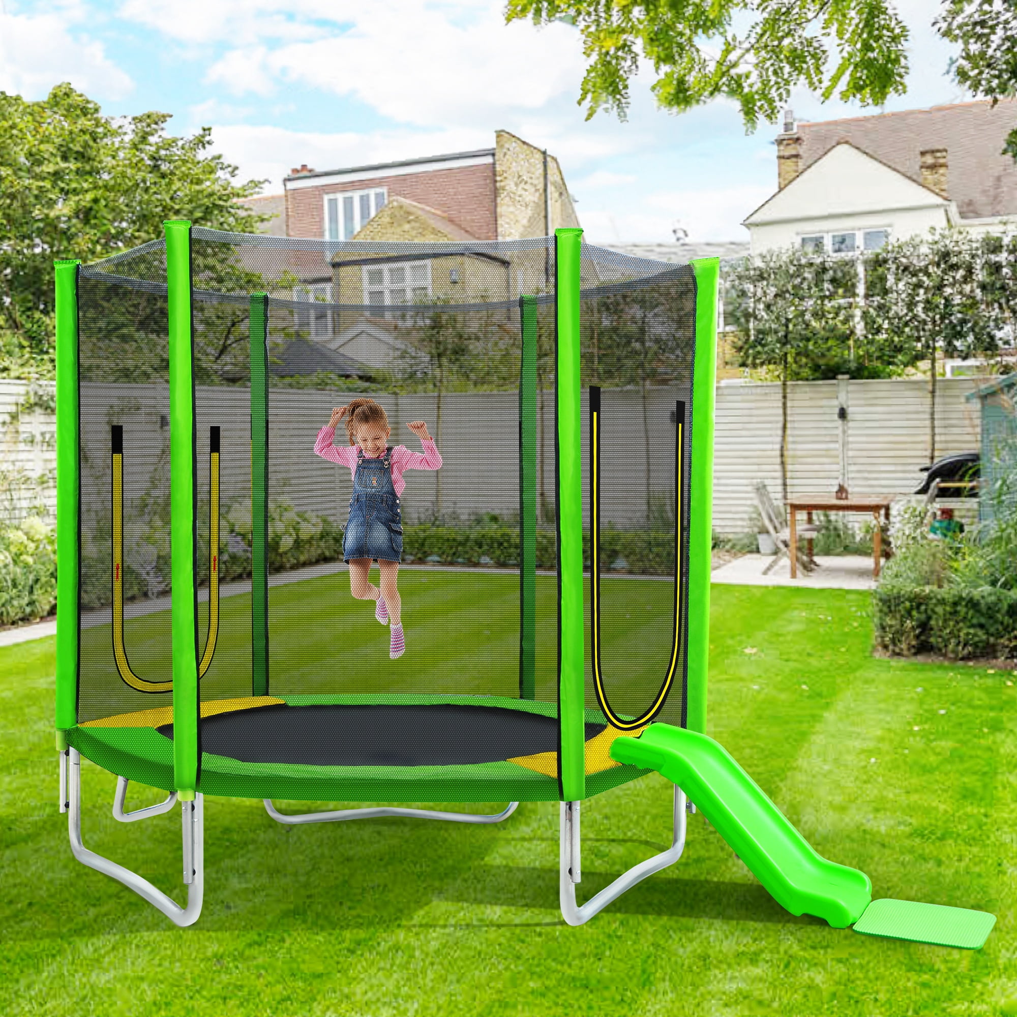 7ft Trampoline for Kids, Trampoline with Safety Enclosure Net, Outdoor Trampoline with Slide & Ladder and Soft Pad, 220lbs Capacity, Easy Assembly, Indoor Use, Green