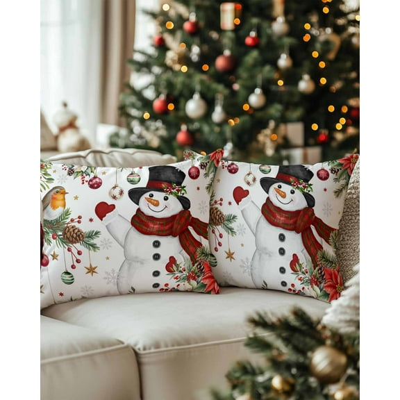 Christmas Decorative Throw Pillow Covers 12x20 Inch Set of 2 Red Snowman Pillow Cases for Couch, Poinsettia Christmas Balls Cushion Case for Living Room Bedroom Bed Car Chair