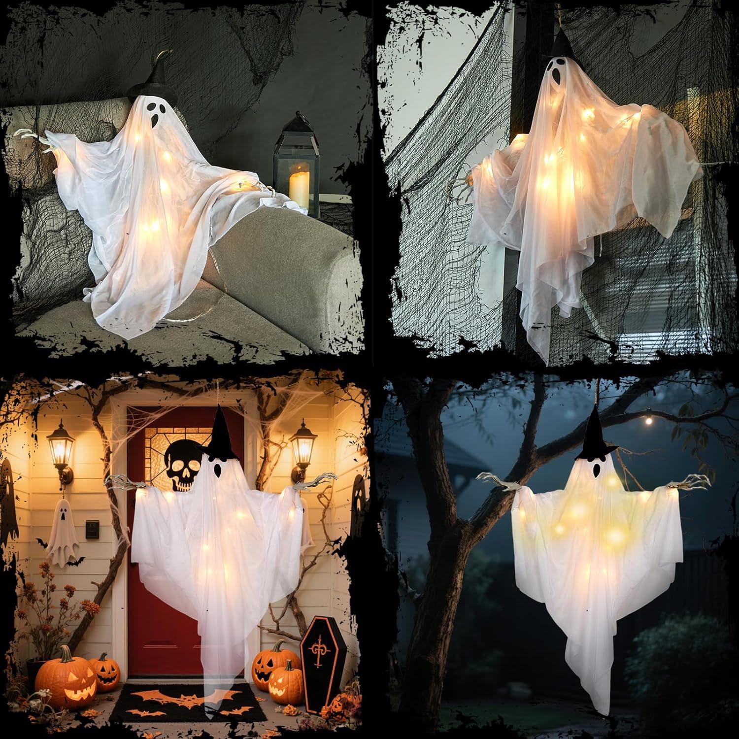 2 Pack Hanging Ghost Decorations 70cm with 8 Mode Lights for Indoor Outdoor