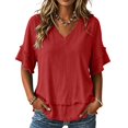 thumbnail image 2 of Akiihool Tops for Women Casual Fall Dressy Lace Trim Blouse Tops Popular Short Sleeve Shirt (Red,XXL), 2 of 2