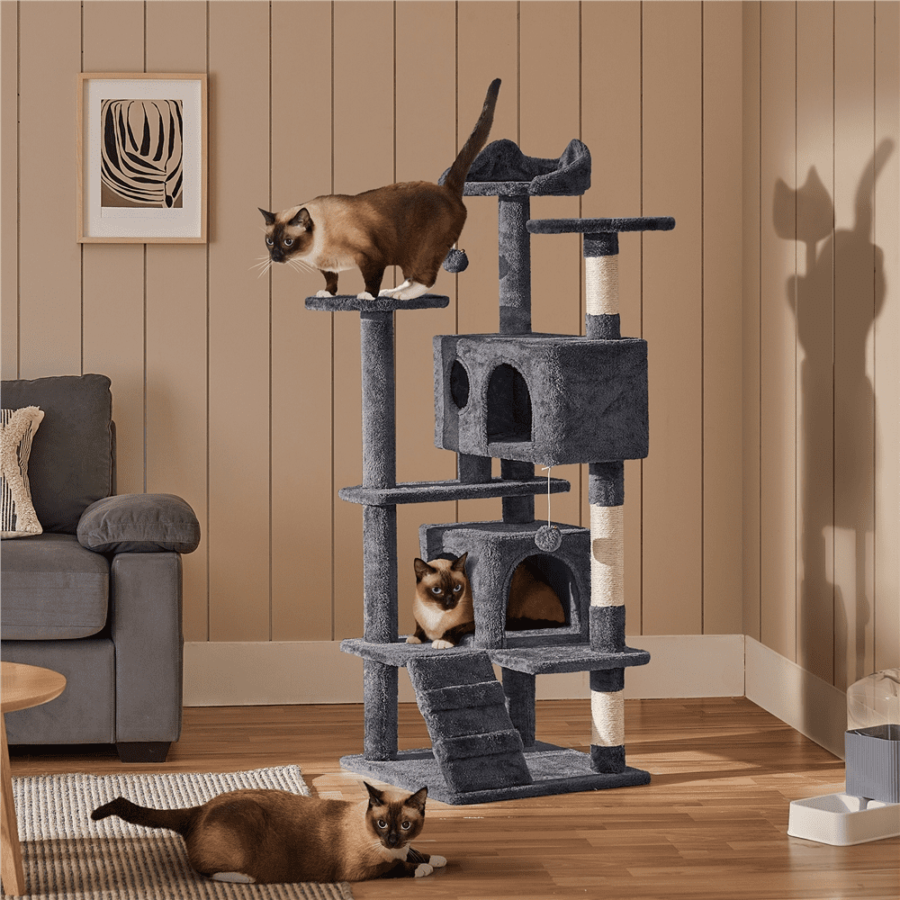 Yaheetech 53.9" H Cat Tree with Double Condos, Scratching Posts & Toys, Dark Gray