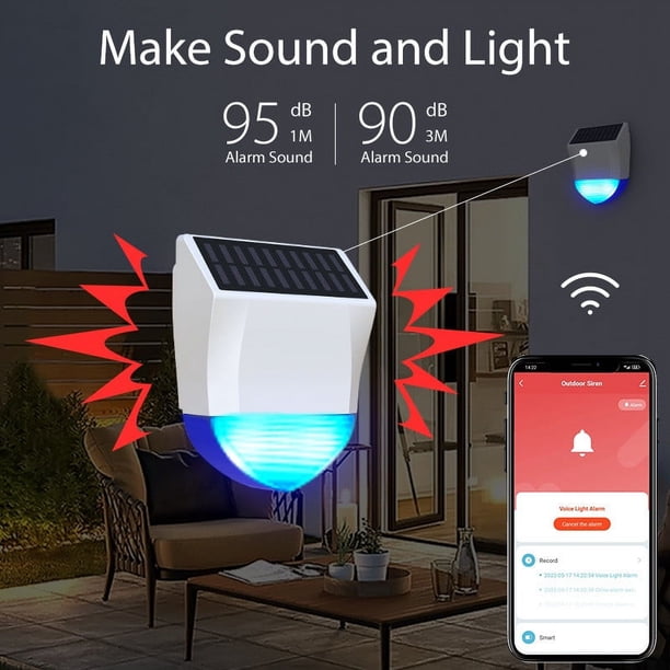 Smart WiFi Bluetooth Alarma infrarroja solar al aire libre para cuerpo humano | Sensor de seguridad de luz sonora | Inalámbrico de 2,4 GHz | Resistente al agua IPX5 | Se admiten mascotas | Carga