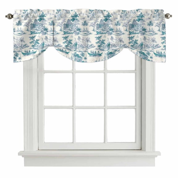 Green Garden Vintage Tie Up Valance Curtains for Windows, Kitchen Curtains Window Treatments, Modern Art Building Boat Tree Short Window Shades Valances for Bedroom Bathroom Cafe 42"x18"