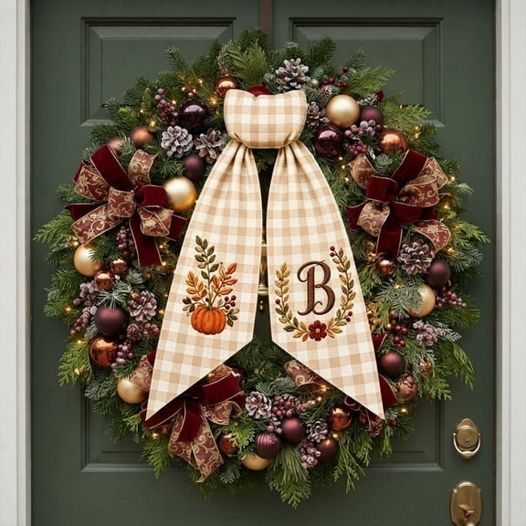 Pumpkin Wreath Sash, Embroidered Fall Monogram Door Bow, Thanksgiving Front Door Decor, Hello Fall Decor, Autumn Ribbon for Door