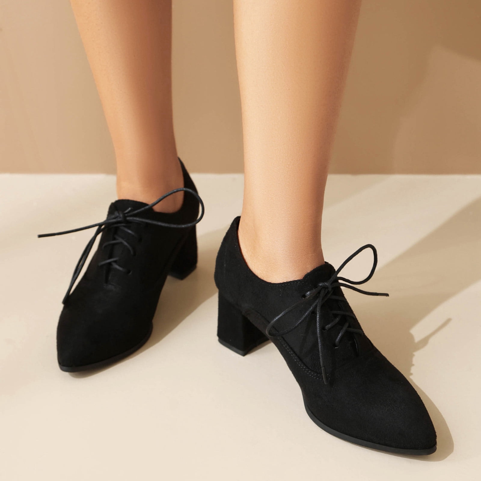Women's Casual Colorful Print Pumps Shoes Chunky High Heel Pointed Toe Lace Up Suede Dress Shoes