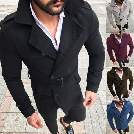 Winter Men Pea Coat Double Breasted Wool Blend Jackets Trench Coat Reefer