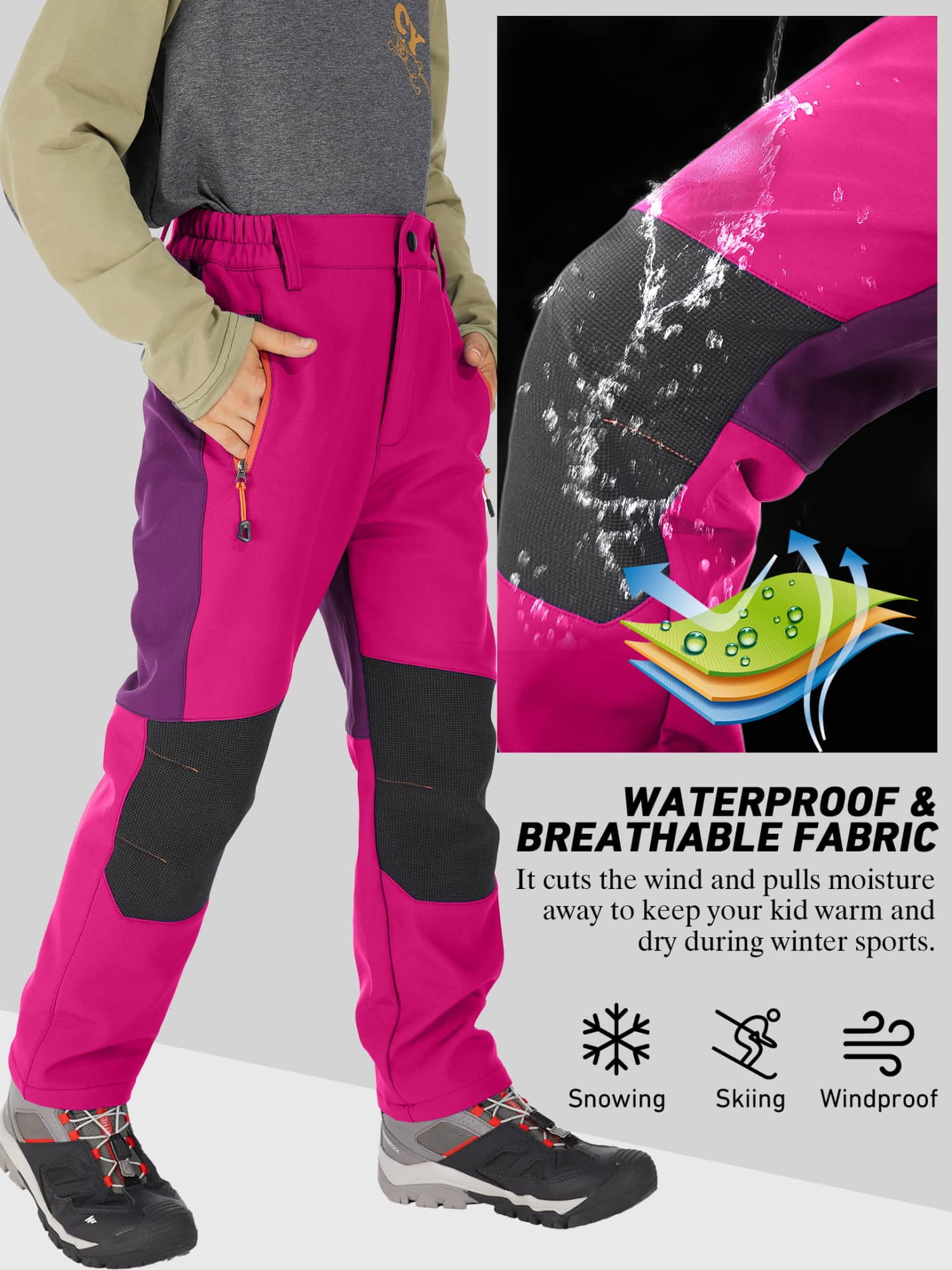 FEN AI Girls Ski Snow Pants Windproof Waterproof Hiking Pant Expandable Waist Soft Shell Winter Warm Insulated Trousers Rose Red Size 14-16