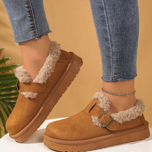 Willtoo Women's Fashionable Cotton Shoes, Adjustable Metal Buckle Slip On Winter Loafers, Warm and Thick-Soled Snow Boots, Non-Slip Walking Casual Shoes