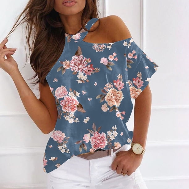 Puntoco Mujeres Verano Cuello Redondo Manga Corta Estampado Sin Tirantes Camiseta tops Blusas Puntoco Puntoco-7415