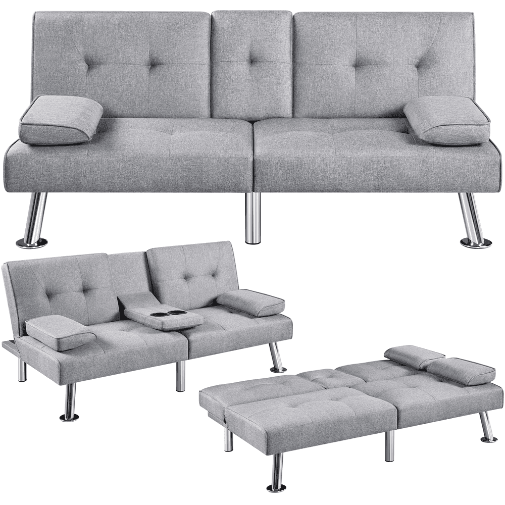 Renwick Fabric Upholstered Convertible Futon Sofa Bed with Cup Holders and Pillows, Light Gray