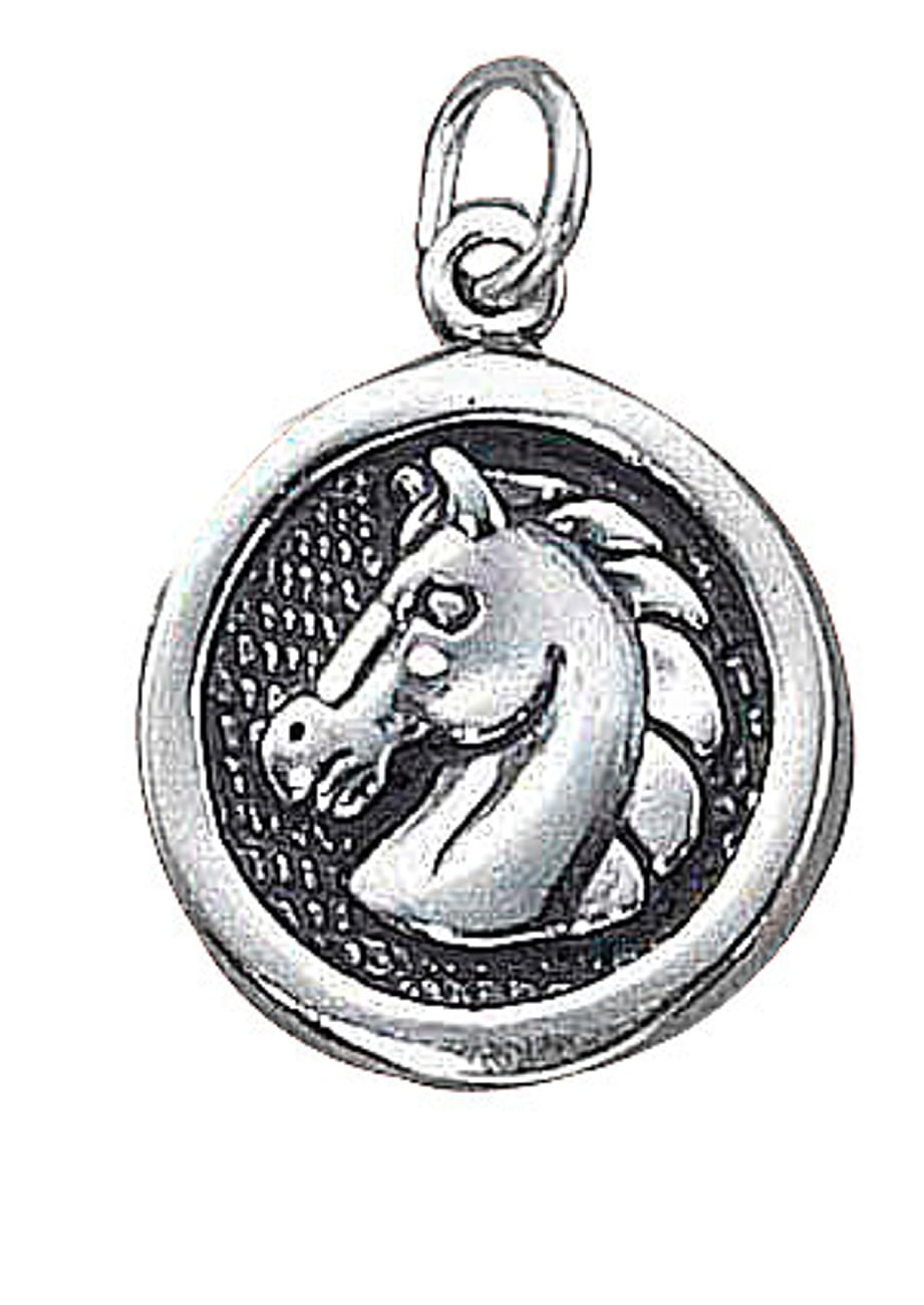 Sterling Silver 7 4.5mm Charm Bracelet With Attached Round Medallion Gold Horsehead Charm