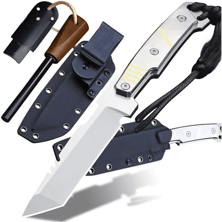 7mm 9CR18MOV (11.26IN) 420 steel inlaid with copper wire handle full Tang fixed knife +K sheath (& (5.9IN) cerium igniter suitable for outdoor hunting camping survival EDC tool knife$$Other