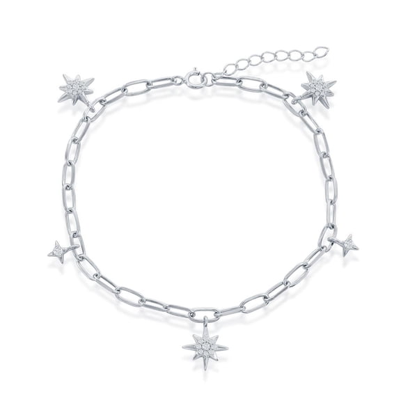 Paperclip Link Design Chain with Simulated Diamond CZ Dangling North Star 7 1” Link Sunburst Bracelet |Sterling Silver Jewelry for Women or Teens